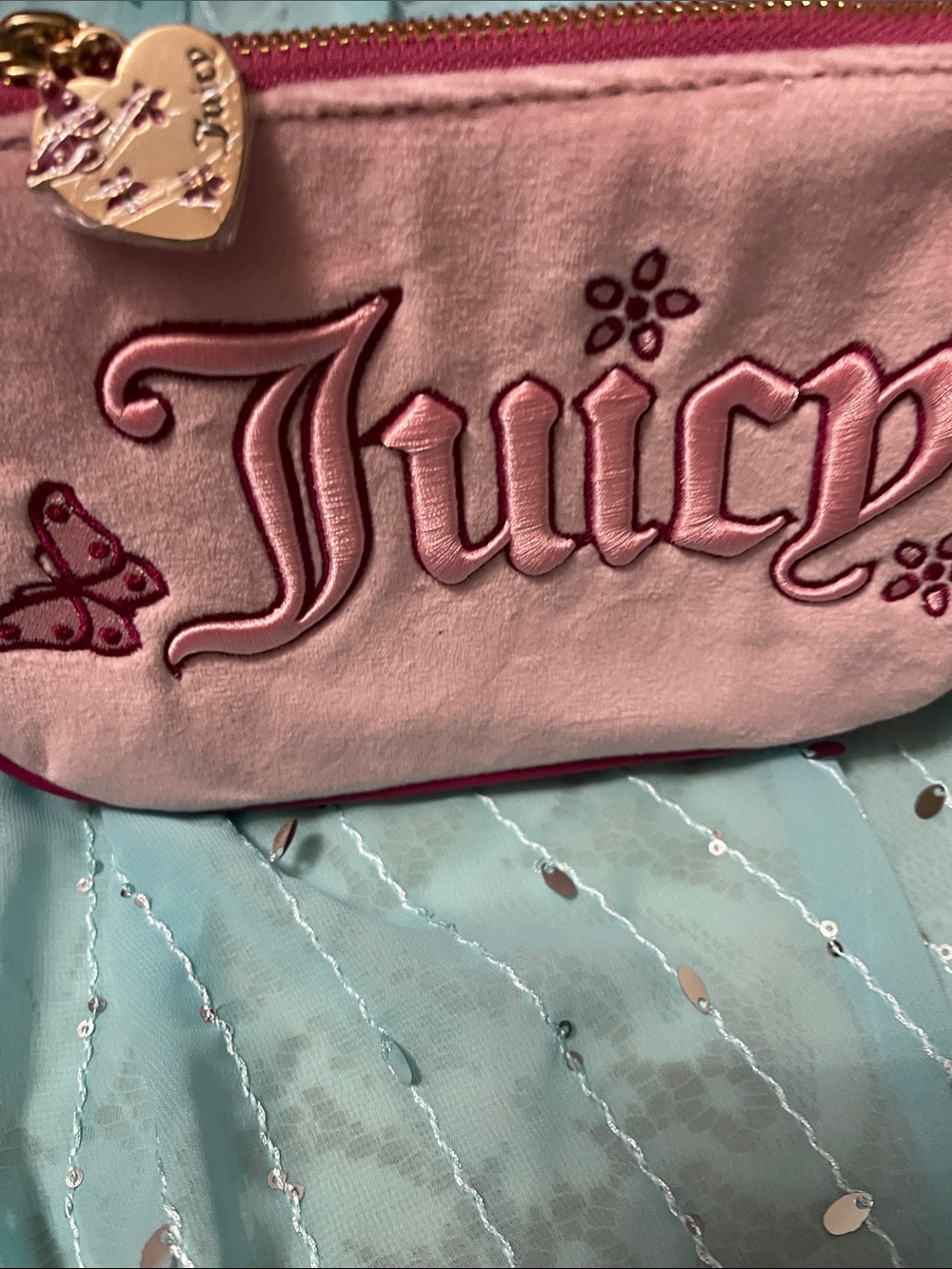 Juicy Couture Pink Velvet Pouch with Embroidered Butterfly
